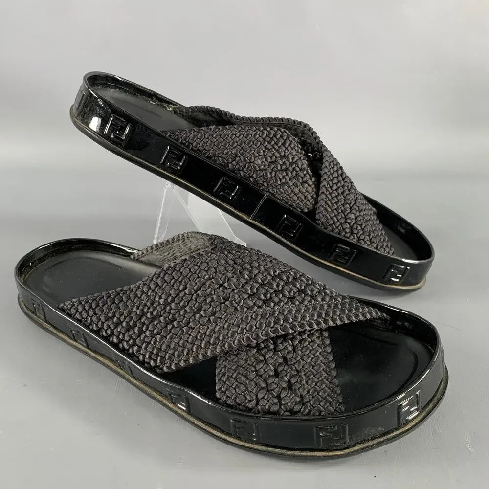 FENDI Size 8 Black Monogram Nylon Slide Sandals